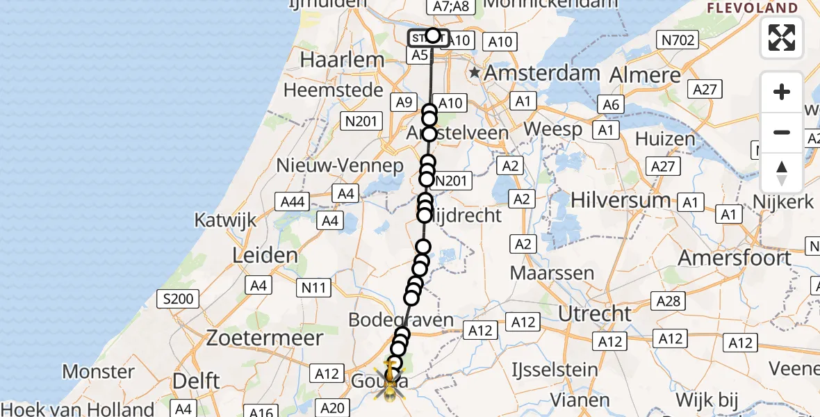 Vluchtroute Traumahelikopter Amsterdam Heliport - Gouda, 15 juni 2026, 17:56