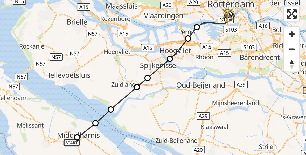 Vluchtroute Traumahelikopter Sommelsdijk - Leids Universitair Medisch Centrum (LUMC), 15 juni 2026, 18:29