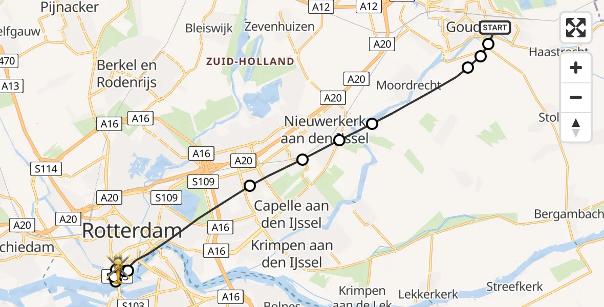 Vluchtroute Traumahelikopter Gouda - Erasmus Medisch Centrum Heliport, 15 juni 2026, 18:35
