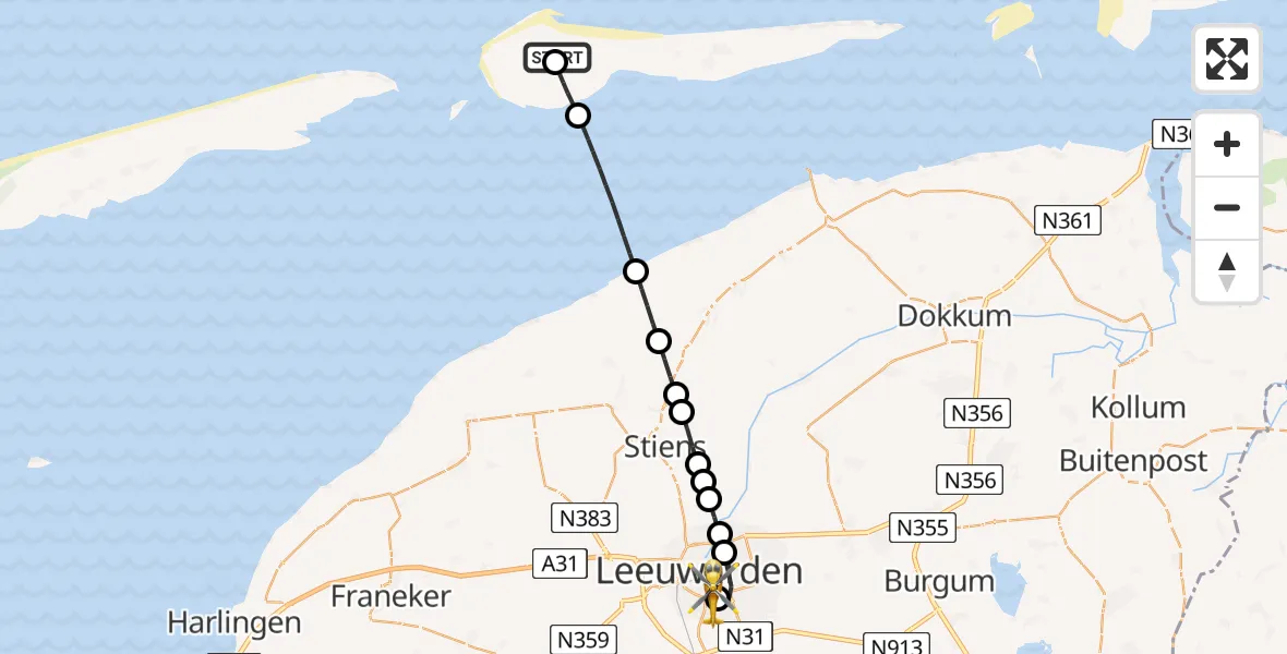 Vluchtroute Ambulancehelikopter Ameland Vliegveld Ballum - Leeuwarden Medical Center Heliport, 15 juni 2026, 20:12