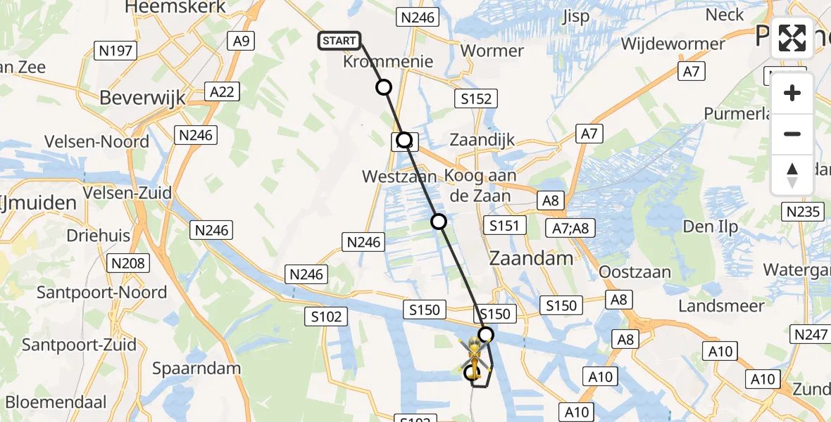 Vluchtroute Traumahelikopter Krommenie - Amsterdam Heliport, 15 juni 2026, 20:23