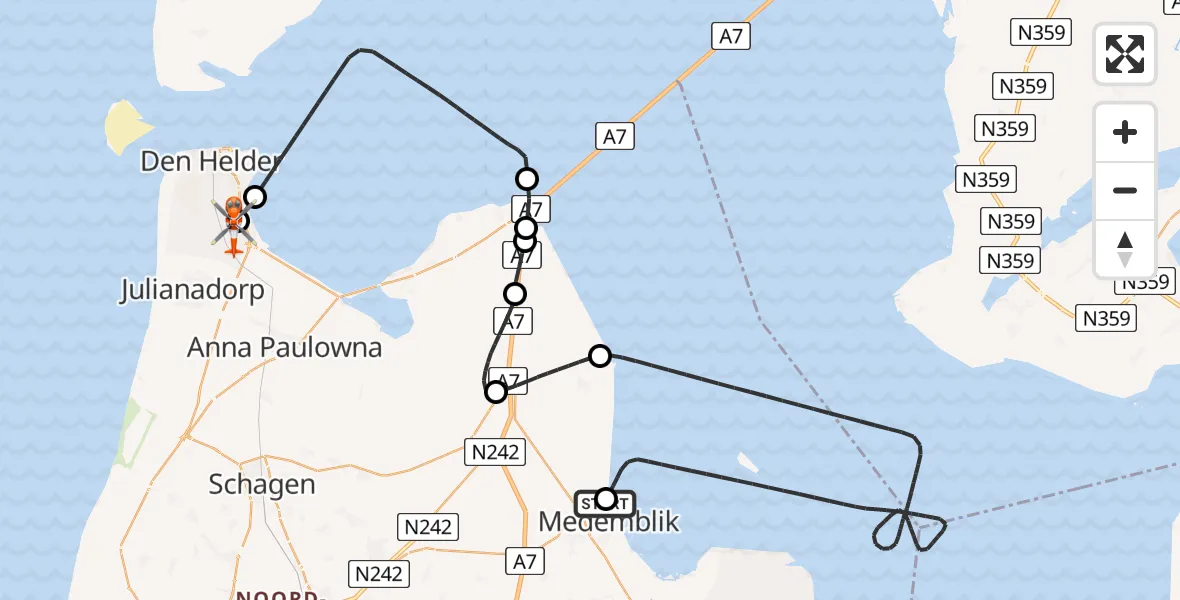 Vluchtroute Kustwachthelikopter Wieringerwerf - Militair vliegveld De Kooy / Den Helder Airport, 15 juni 2026, 20:32