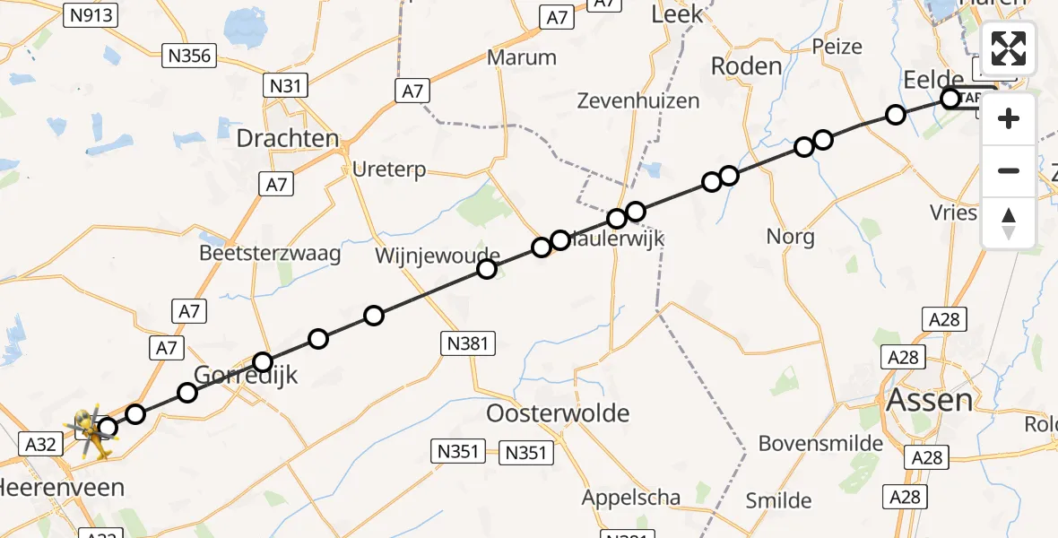 Vluchtroute Traumahelikopter Groningen Airport Eelde - Heerenveen, 15 juni 2026, 20:42