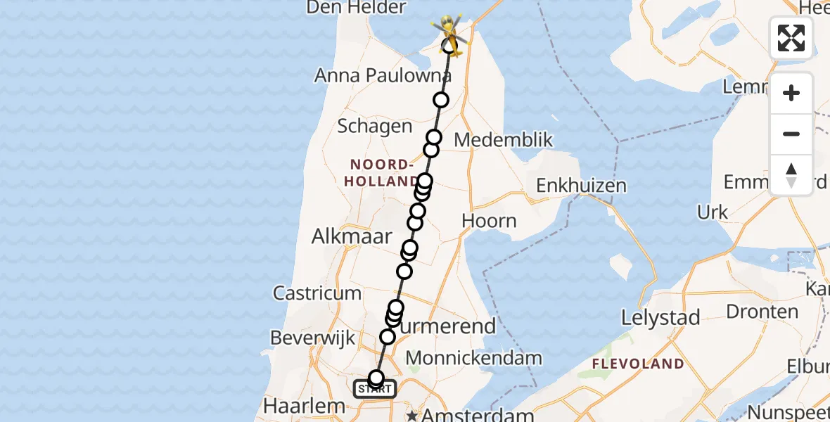Vluchtroute Traumahelikopter Amsterdam Heliport - Hippolytushoef, 15 juni 2026, 20:52