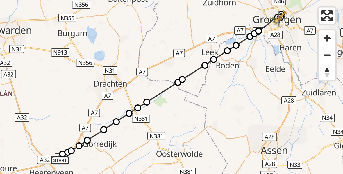Vluchtroute Traumahelikopter Heerenveen - Universitair Medisch Centrum Groningen, 15 juni 2026, 21:24