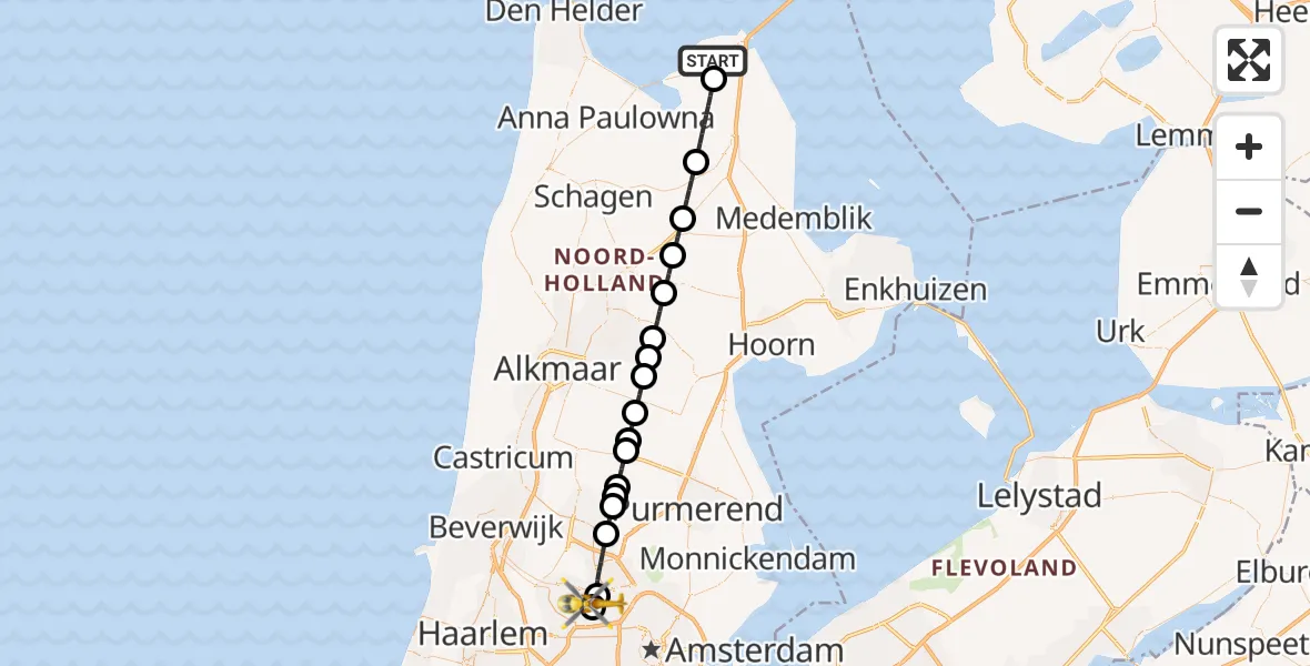 Vluchtroute Traumahelikopter Hippolytushoef - Amsterdam Heliport, 15 juni 2026, 21:37