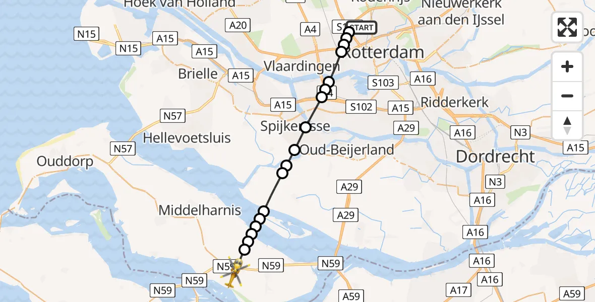 Vluchtroute Traumahelikopter Rotterdam The Hague Airport - Oude-Tonge, 15 juni 2026, 21:47