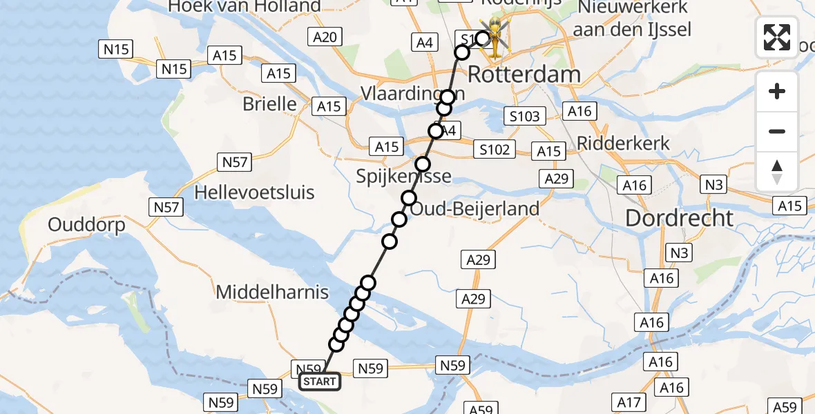 Vluchtroute Traumahelikopter Oude-Tonge - Rotterdam The Hague Airport, 15 juni 2026, 22:14