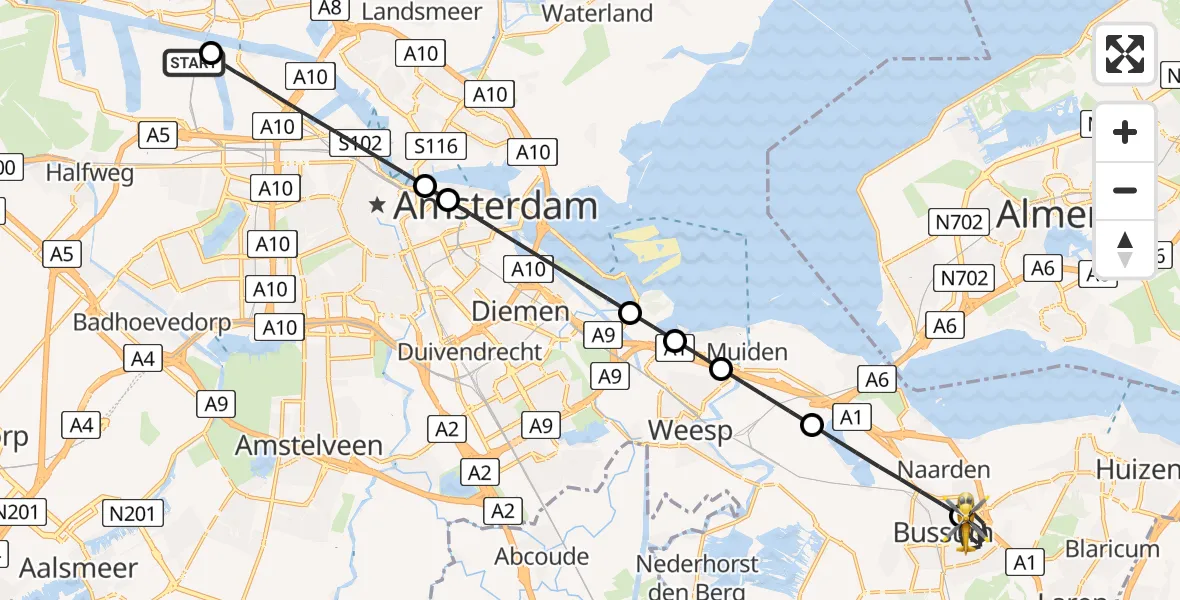 Vluchtroute Traumahelikopter Amsterdam Heliport - Bussum, 15 juni 2026, 23:46