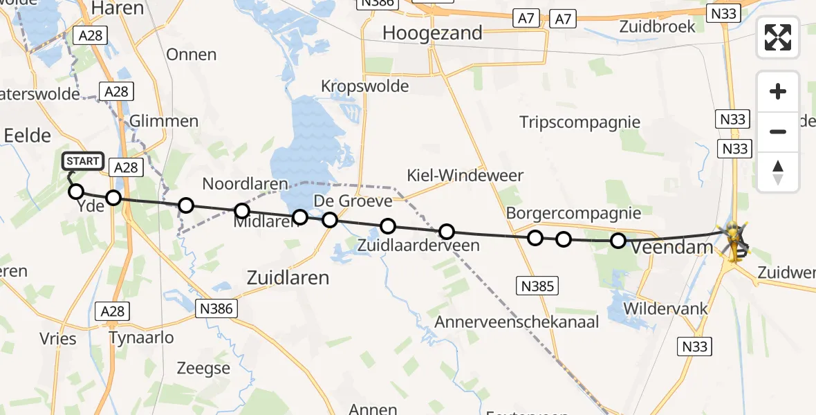 Vluchtroute Traumahelikopter Groningen Airport Eelde - Veendam, 15 juni 2026, 23:47