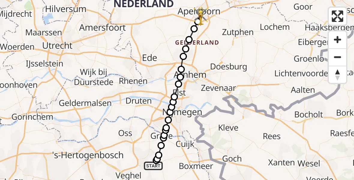 Vluchtroute Traumahelikopter Vliegbasis Volkel - Apeldoorn, 16 juni 2026, 00:02