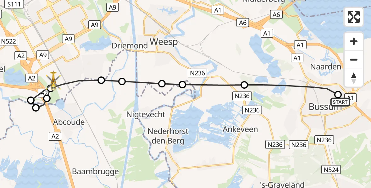 Vluchtroute Traumahelikopter Bussum - Amsterdam UMC Helipad, 16 juni 2026, 00:32