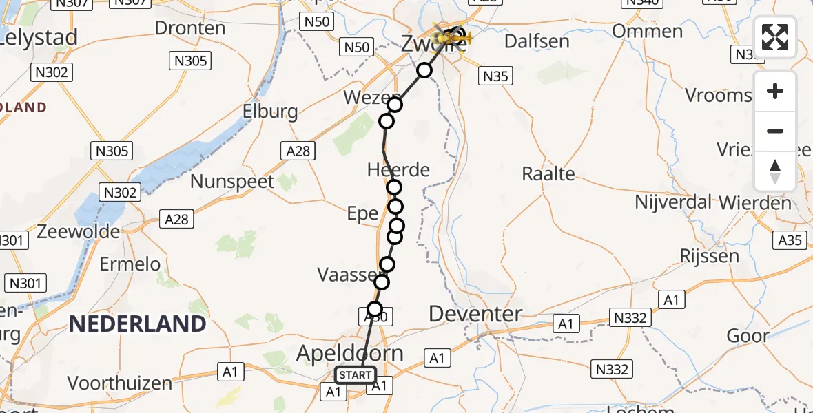 Vluchtroute Traumahelikopter Apeldoorn - Isala Hospital Zwolle Heliport, 16 juni 2026, 00:41