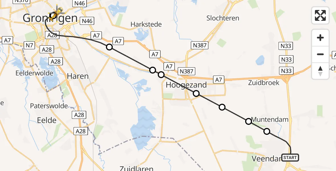 Vluchtroute Traumahelikopter Veendam - Universitair Medisch Centrum Groningen, 16 juni 2026, 01:52