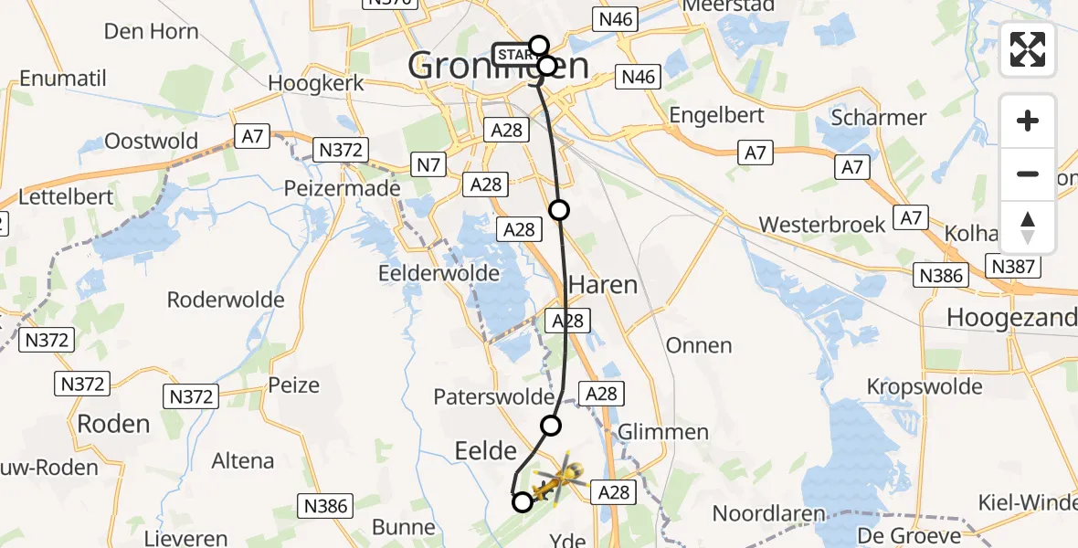 Vluchtroute Traumahelikopter Universitair Medisch Centrum Groningen - Groningen Airport Eelde, 16 juni 2026, 02:30