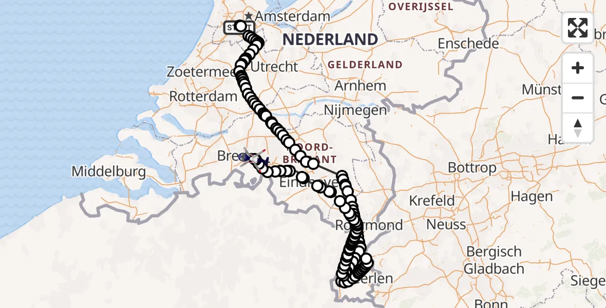 Vluchtroute Politiehelikopter Amsterdam Vliegveld Schiphol - Vliegbasis Gilze Rijen, 16 juni 2026, 07:00