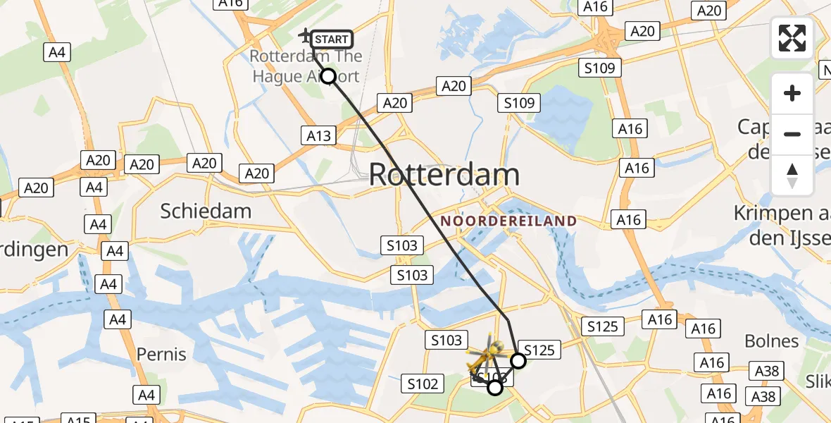 Vluchtroute Traumahelikopter Rotterdam The Hague Airport - Rotterdam, 16 juni 2026, 09:38