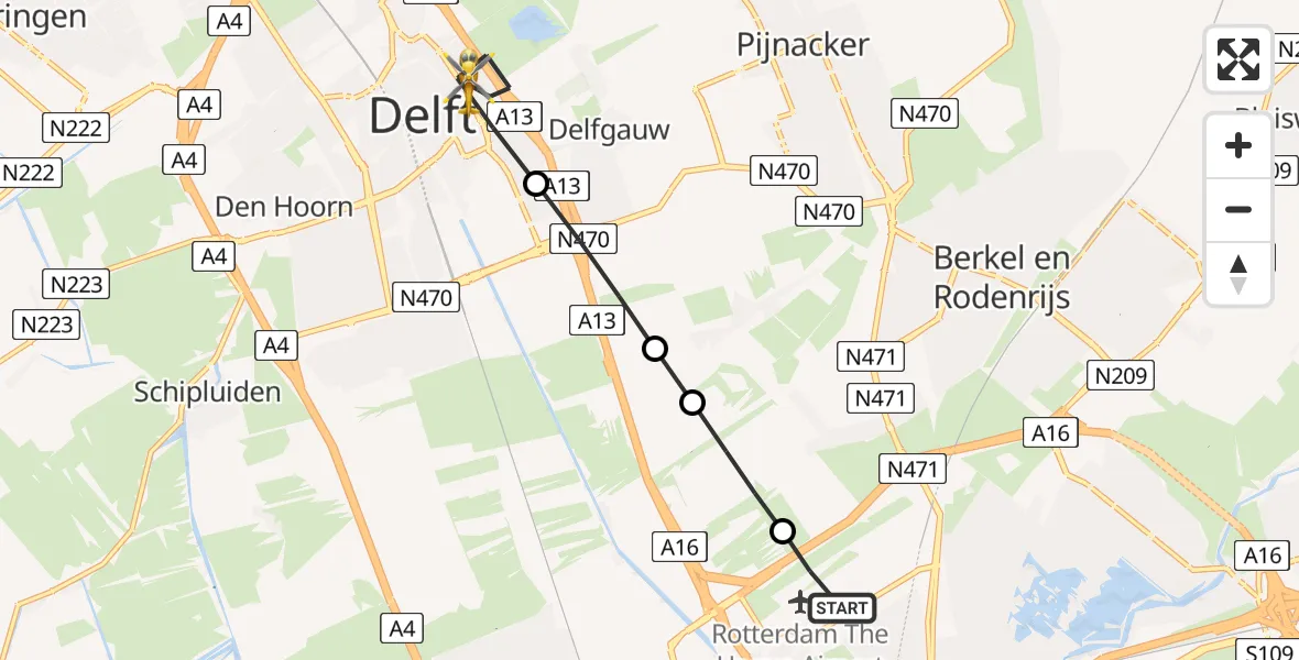 Vluchtroute Traumahelikopter Rotterdam The Hague Airport - Delft, 16 juni 2026, 13:26