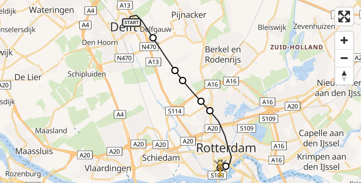 Vluchtroute Traumahelikopter Delft - Leids Universitair Medisch Centrum (LUMC), 16 juni 2026, 14:15