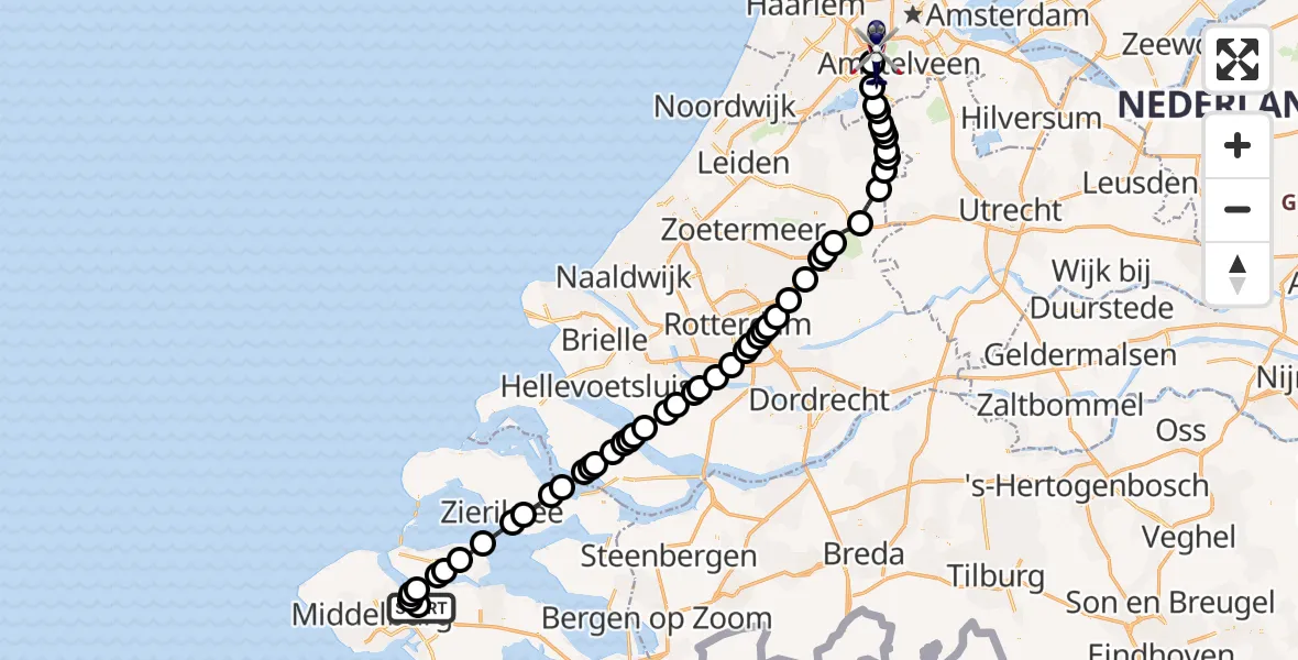 Vluchtroute Politiehelikopter Vliegveld Midden-Zeeland - Amsterdam Vliegveld Schiphol, 16 juni 2026, 14:40