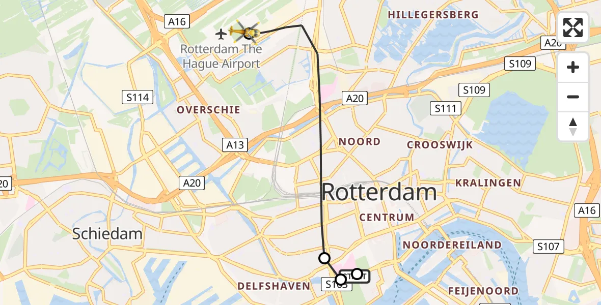 Vluchtroute Traumahelikopter Leids Universitair Medisch Centrum (LUMC) - Rotterdam The Hague Airport, 16 juni 2026, 14:51