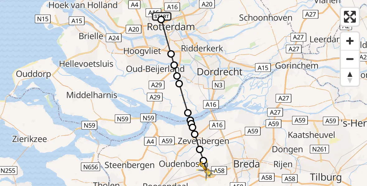 Vluchtroute Traumahelikopter Rotterdam The Hague Airport - Etten-Leur, 16 juni 2026, 15:53