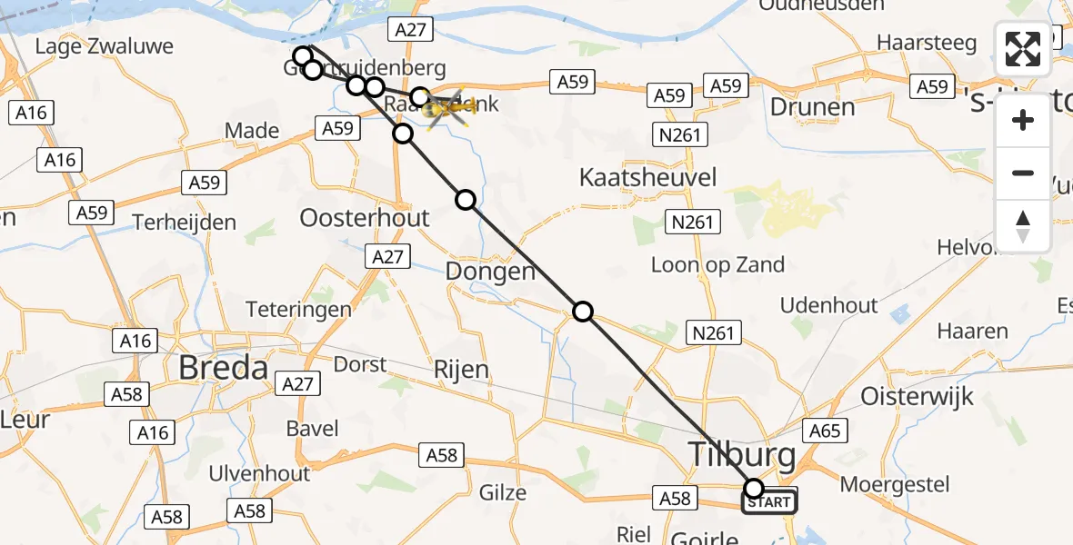 Vluchtroute Traumahelikopter St. Elisabeth Hospital Heliport - Raamsdonk, 16 juni 2026, 16:54