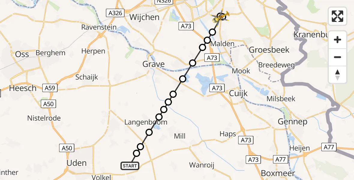 Vluchtroute Traumahelikopter Vliegbasis Volkel - Malden, 16 juni 2026, 18:11