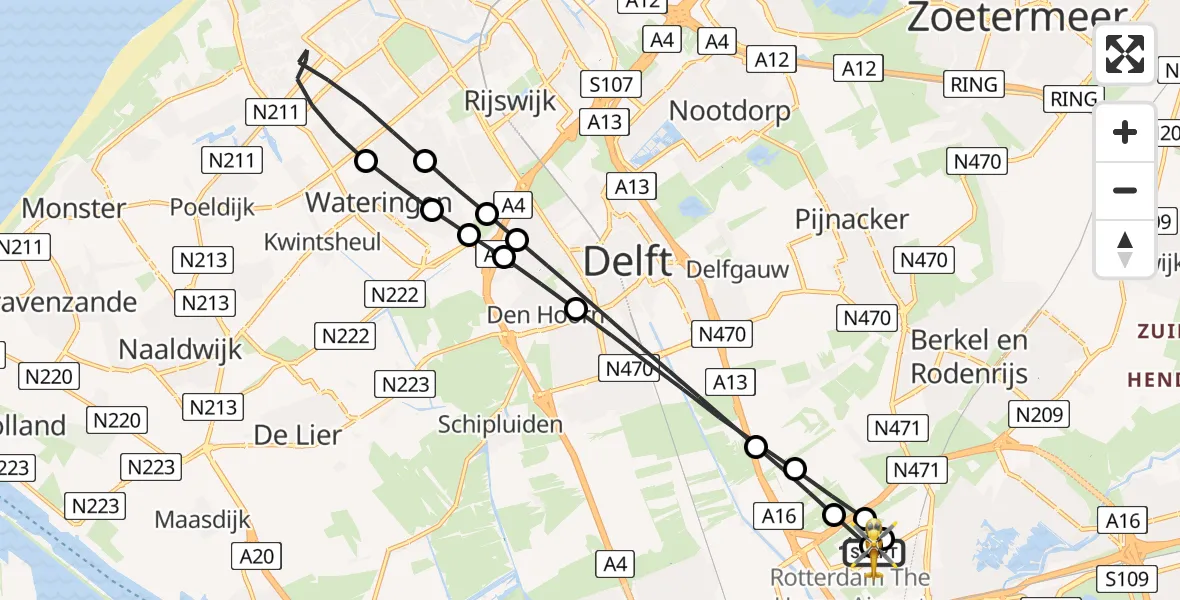 Vluchtroute Traumahelikopter Rotterdam The Hague Airport - Rotterdam The Hague Airport, 16 juni 2026, 18:17