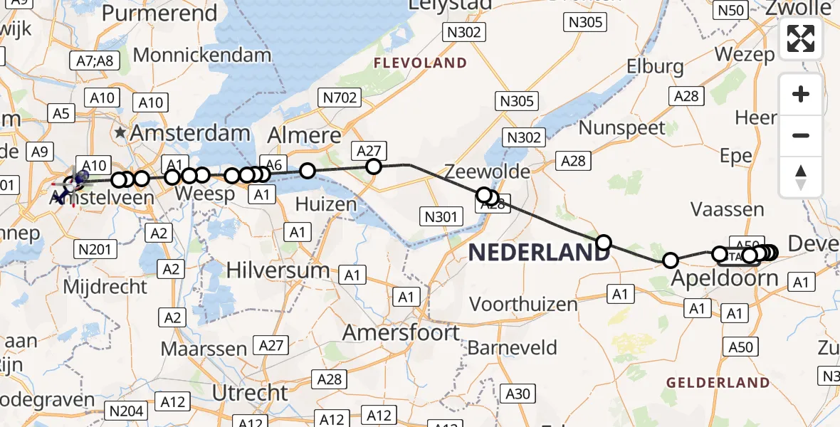 Vluchtroute Politiehelikopter Apeldoorn - Amsterdam Vliegveld Schiphol, 16 juni 2026, 18:26