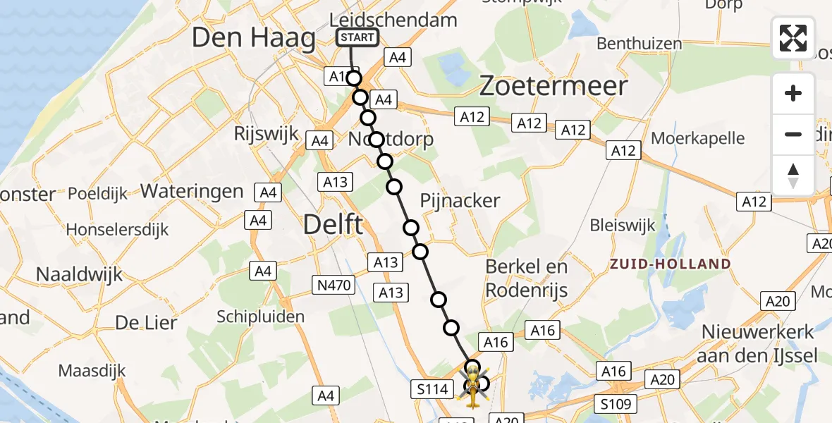 Vluchtroute Traumahelikopter Voorburg - Rotterdam The Hague Airport, 16 juni 2026, 19:58