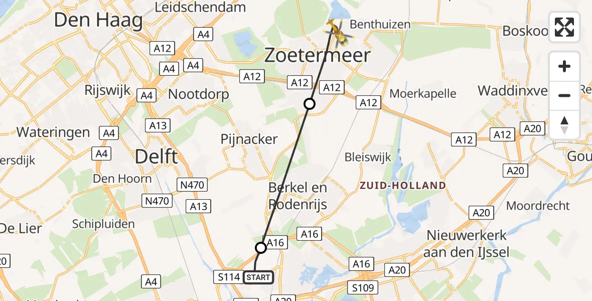 Vluchtroute Traumahelikopter Rotterdam The Hague Airport - Zoetermeer, 16 juni 2026, 20:17