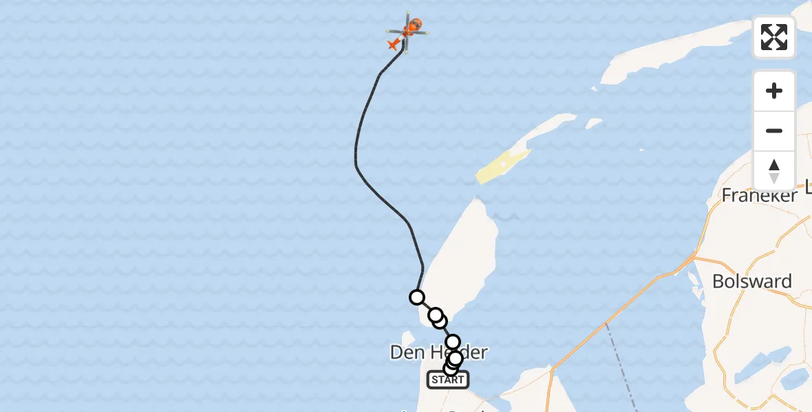 Vluchtroute Kustwachthelikopter Militair vliegveld De Kooy / Den Helder Airport - Noordzee, 16 juni 2026, 20:18