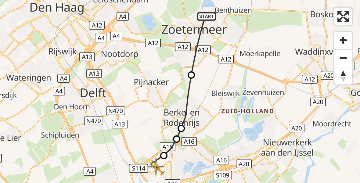 Vluchtroute Traumahelikopter Zoetermeer - Rotterdam The Hague Airport, 16 juni 2026, 20:46