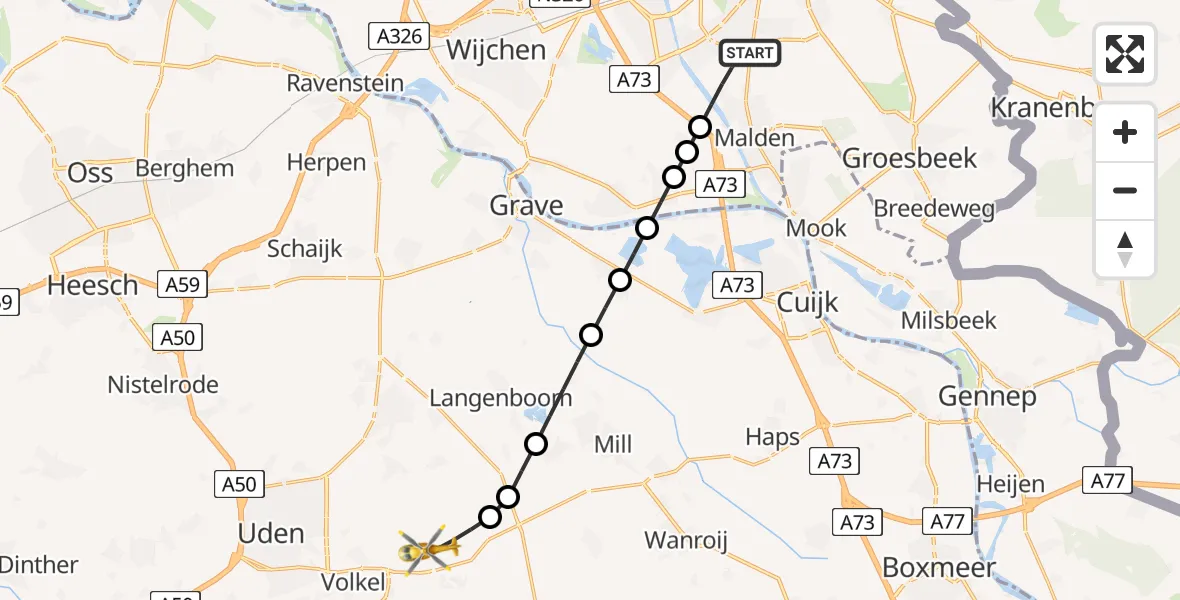 Vluchtroute Traumahelikopter Malden - Vliegbasis Volkel, 16 juni 2026, 21:23