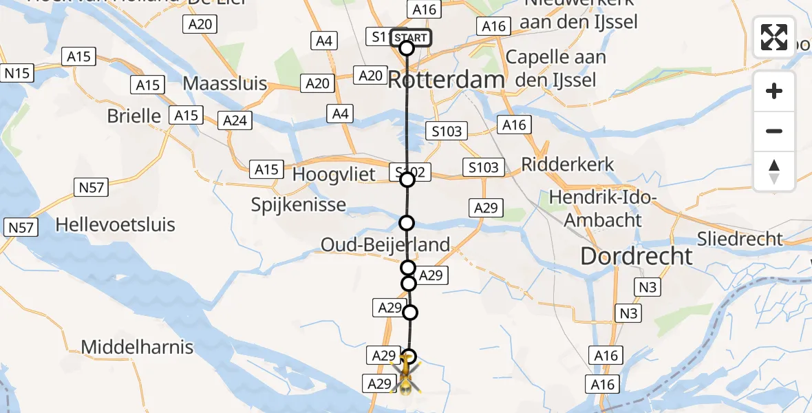 Vluchtroute Traumahelikopter Rotterdam The Hague Airport - Numansdorp, 16 juni 2026, 21:27