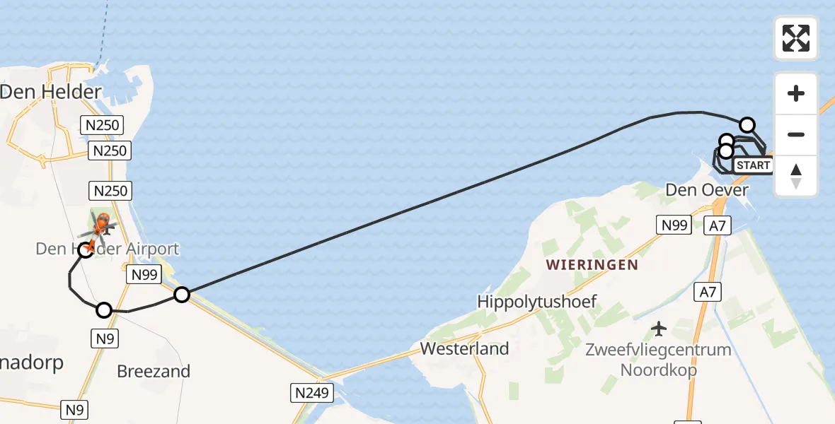 Vluchtroute Kustwachthelikopter Den Oever - Militair vliegveld De Kooy / Den Helder Airport, 16 juni 2026, 21:50