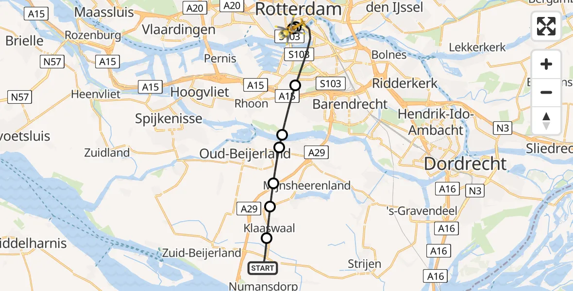 Vluchtroute Traumahelikopter Numansdorp - Leids Universitair Medisch Centrum (LUMC), 16 juni 2026, 21:59
