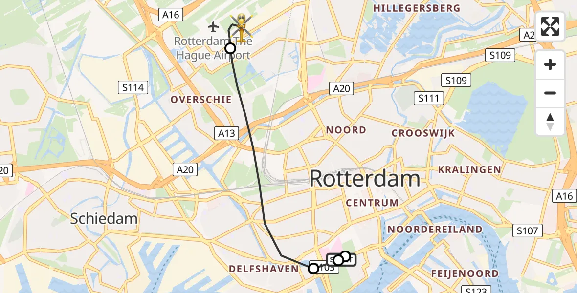 Vluchtroute Traumahelikopter Leids Universitair Medisch Centrum (LUMC) - Rotterdam The Hague Airport, 16 juni 2026, 22:36