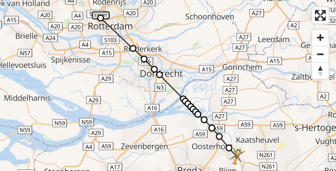 Vluchtroute Traumahelikopter Rotterdam The Hague Airport - Dongen, 17 juni 2026, 05:03