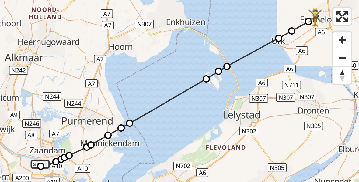 Vluchtroute Traumahelikopter Amsterdam Heliport - Emmeloord, 17 juni 2026, 05:10