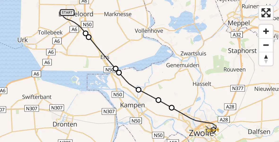 Vluchtroute Traumahelikopter Emmeloord - Isala Hospital Zwolle Heliport, 17 juni 2026, 05:56