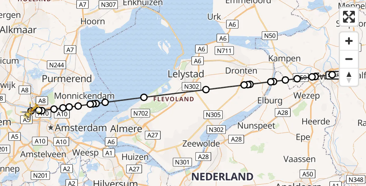 Vluchtroute Traumahelikopter Isala Hospital Zwolle Heliport - Amsterdam Heliport, 17 juni 2026, 06:30