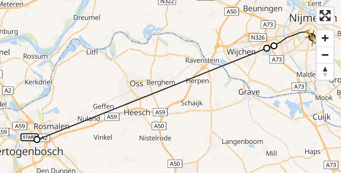 Vluchtroute Traumahelikopter 's-Hertogenbosch - Radboud Universitair Medisch Centrum, 17 juni 2026, 07:39