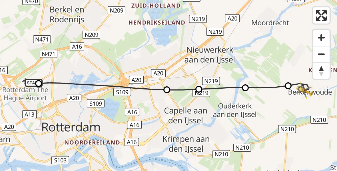 Vluchtroute Traumahelikopter Rotterdam The Hague Airport - Berkenwoude, 17 juni 2026, 08:09