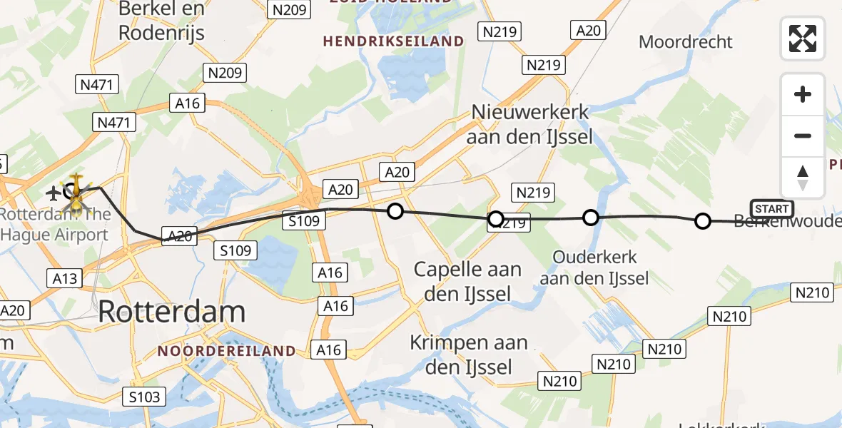 Vluchtroute Traumahelikopter Berkenwoude - Rotterdam The Hague Airport, 17 juni 2026, 08:38