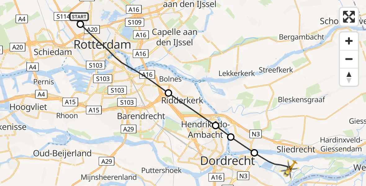 Vluchtroute Traumahelikopter Rotterdam The Hague Airport - Dordrecht, 17 juni 2026, 08:47