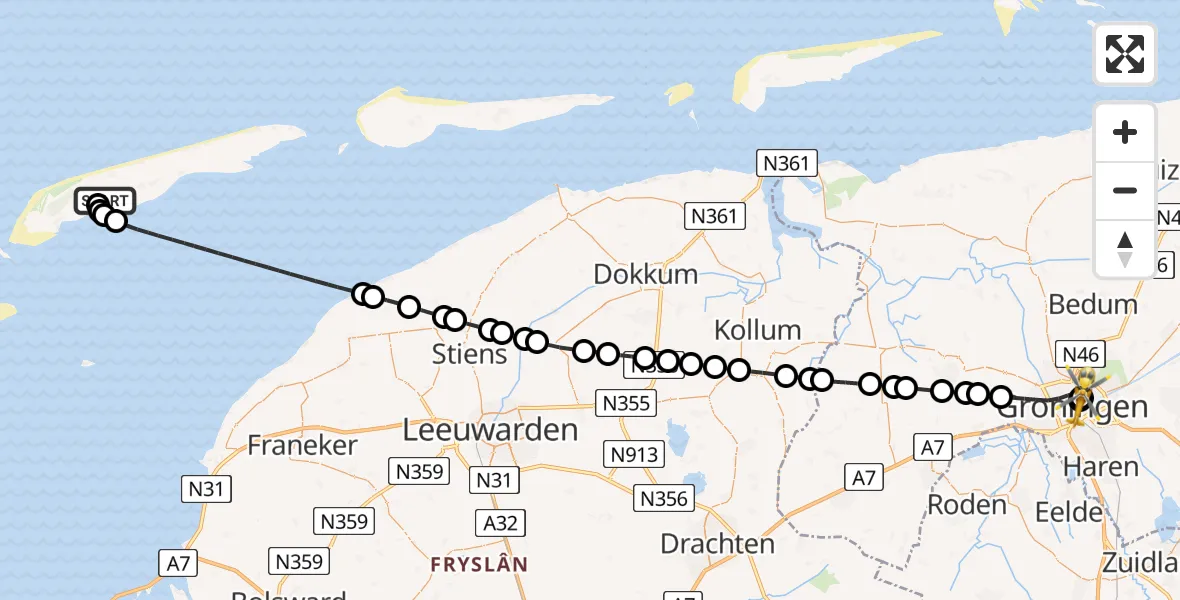 Vluchtroute Ambulancehelikopter Terschelling Heliport - Groningen, 17 juni 2026, 10:09