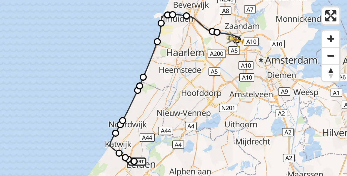 Vluchtroute Traumahelikopter Leiden University Medical Center Heliport - Amsterdam Heliport, 17 juni 2026, 10:45