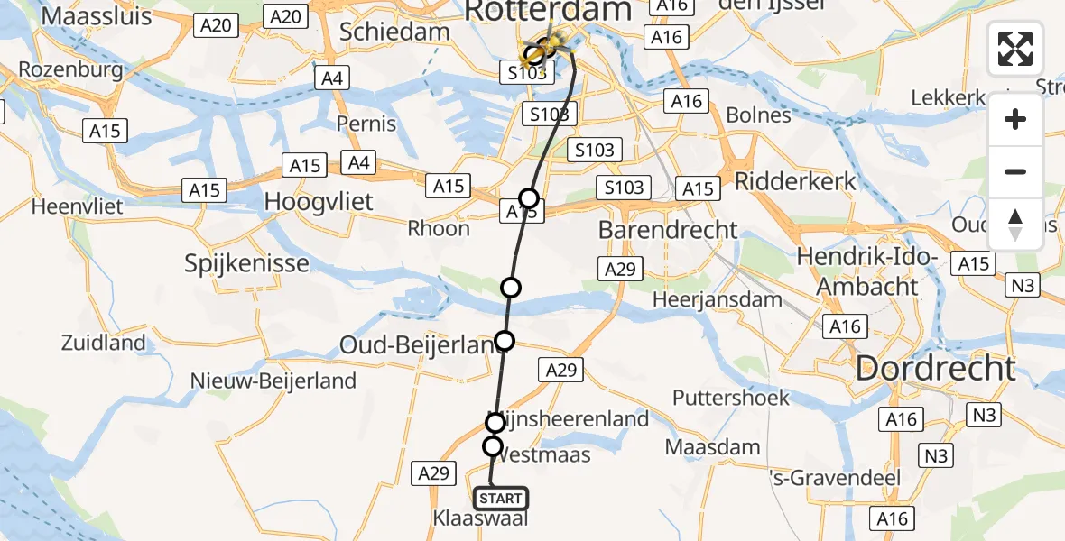 Vluchtroute Traumahelikopter Klaaswaal - Erasmus Medisch Centrum Heliport, 17 juni 2026, 10:59